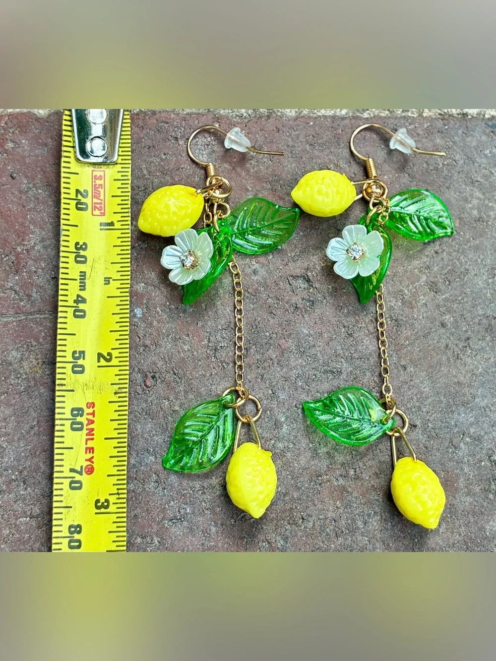 🍋 Citrus Yellow Lemon Drop Dangle Earrings with CZ, Green Leaf & Flower Accents